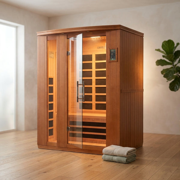 Infrared Sauna Built for Daily Wellness Retreats, 3-Person Capacity, Low EMF Technology, Canadian Hemlock